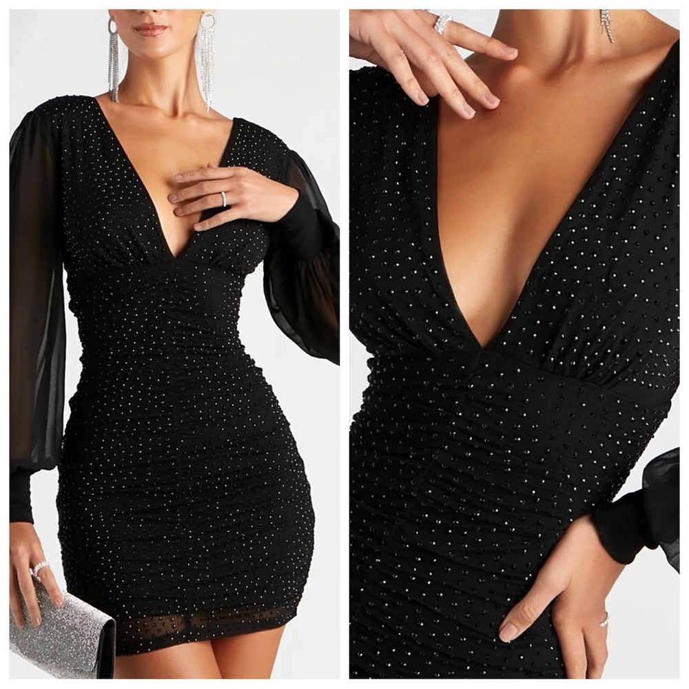 💎Windsor Alicia Mesh Rhinestone Long Sleeve Mini Formal Party Dress